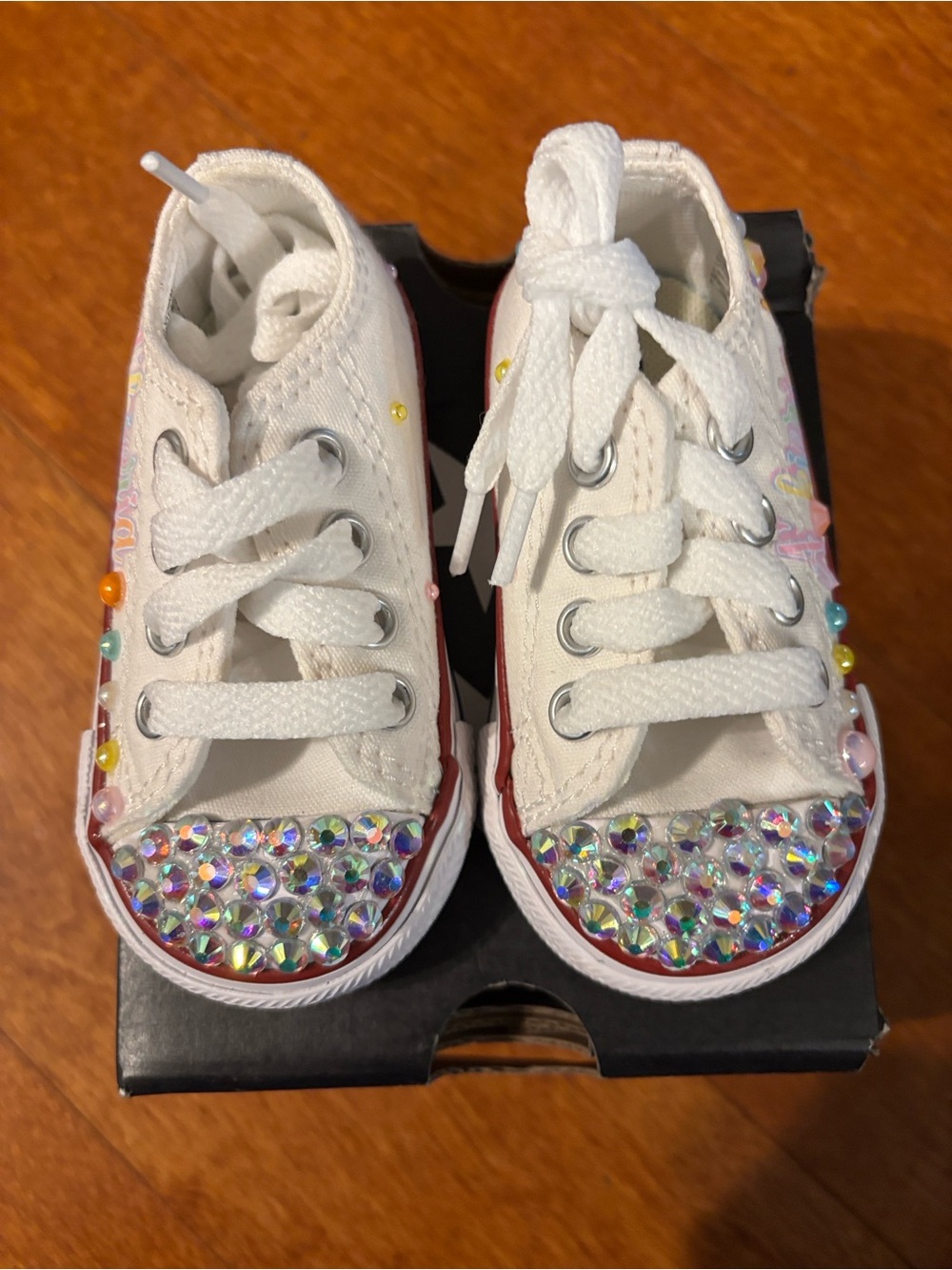 Converse Kids White Canvas Sneakers with Iridescent Rhinestone Toes